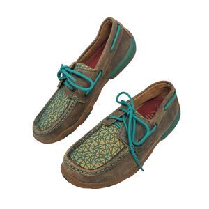 Women's Twisted X Western Teal Brown Leather Driving Moccasins Size 6.5 Shoes